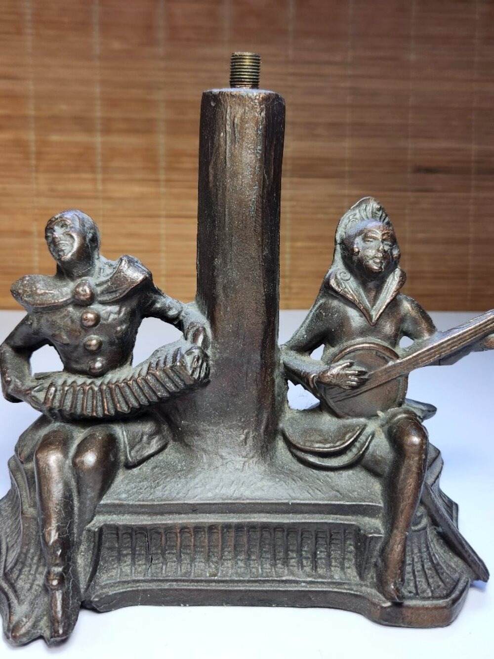 Antique 1920s Art Deco Spelter Metal Harlequin Jester Musician Table Lamp Base